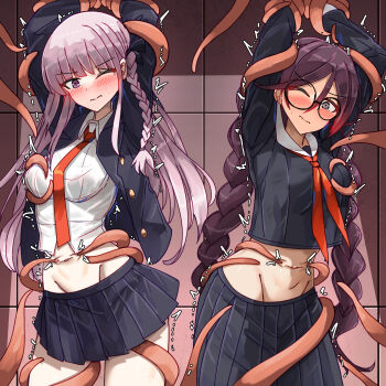 2girls arms_up bakasp-lilzy black_hair black_jacket black_ribbon black_skirt blush bound bound_arms braid collared_shirt cowboy_shot danganronpa:_trigger_happy_havoc danganronpa_(series) frown fukawa_toko glasses grey_hair groin hair_ribbon highres jacket kirigiri_kyoko long_hair long_sleeves miniskirt multiple_girls navel necktie open_clothes open_jacket orange_necktie pleated_skirt rape restrained ribbon round_eyewear shirt side_braid skirt tentacle_sex tentacles tickling tickling_belly twin_braids twintails white_shirt