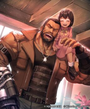 1boy 1girl adoptive_parent_and_adoptive_child arm_cannon bare_shoulders barret_wallace belt belt_buckle black_tank_top bow bowtie brown_hair brown_vest buckle closed_eyes collarbone copyright_notice dai-xt dark-skinned_male dark_skin dog_tags dress facial_hair facial_scar father_and_daughter final_fantasy final_fantasy_vii final_fantasy_vii_remake fingerless_gloves gloves magic:_the_gathering marlene_wallace on_shoulder open_clothes open_mouth open_vest pink_dress scar scar_on_cheek scar_on_face short_hair sitting_on_shoulder smile square_enix tank_top upper_body vest weapon yellow_bow yellow_bowtie