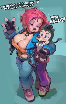 1boy 1girl :d age_difference alternate_breast_size_(larger) animal_nose black_gloves blue_jacket blue_pants breasts cleavage cropped_shirt debbie_(goof_troop) denim disney fingerless_gloves from_above furry furry_female furry_male gloves goof_troop gumdrops_(aea) half-closed_eyes hand_on_another's_shoulder hand_up highres jacket jeans jewelry large_breasts legs_together looking_at_another max_goof mickey_mouse_&amp;_friends midriff navel necklace open_clothes open_jacket open_mouth orange_shirt pants purple_pants red_hair shirt short_hair smile standing white_gloves