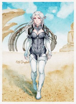 1girl animal_ears arms_at_sides artist_name black_bodysuit blue_sky bodysuit border breasts cleavage cleavage_cutout clothing_cutout commentary covered_navel desert english_commentary full_body grey_hair highres long_hair looking_to_the_side medium_breasts monolith_soft neilnail_(xenoblade) octobrushido outdoors parted_lips red_eyes sky smile solo standing traditional_media twitter_username white_border xeno_(series) xenoblade_chronicles_(series) xenoblade_chronicles_x