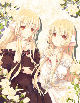 Rule 34 | 2girls, absurdres, bare shoulders, black dress, blonde hair, bud, chii, chobits, cleavage cutout, clothing cutout, dress, floral background, flower, flower request, freya (chobits), grin, highres, long hair, multiple girls, parted lips, plant, robot ears, rose, siblings, sidelocks, sisters, smile, varinr, white dress, white flower, white rose