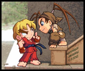 antenna_hair baggy_clothes bandana barefoot belt black_belt blonde_hair blue_eyes brown_hair chibi clothing_cutout concrete dougi fingerless_gloves gloves grin hip_vent ibuki_(street_fighter) karate_gi ken_masters lululunabuna male_focus ninja pants park pocket_fighter pointing ponytail red_eyes red_pants red_shirt shirt signature sitting sitting_on_object smile stone_floor stone_pillar stone_walkway stone_wall street_fighter torn_clothes torn_sleeves tree