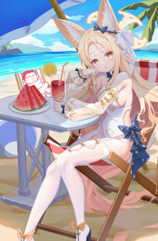 1boy 1girl absurdres alternate_costume animal_ear_fluff bare_shoulders beach blonde_hair blue_archive blue_bow blue_shoes bow breasts commentary_request detached_sleeves doodle_sensei_(blue_archive) forehead fox_girl fox_tail hair_bow hair_ribbon high_heels highres long_hair looking_at_viewer ocean one-piece_swimsuit open_clothes open_mouth outdoors pink_eyes revision ribbon seia_(blue_archive) sensei_(blue_archive) shoes sideboob sidelocks sitting swimsuit tail thighhighs white_one-piece_swimsuit white_ribbon white_thighhighs yellow_sleeves zalenhpe