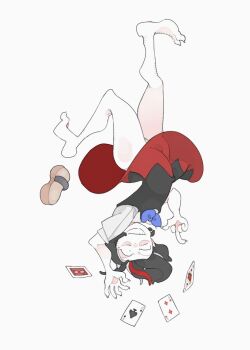 1girl bare_legs barefoot black_dress black_hair blue_bow blue_bowtie bolos bow bowtie card crazy crazy_eyes demon_horns dress fingernails grin horns index_finger_raised joker_(playing_card) kijin_seija multicolored_dress multicolored_hair panties panty_peek playing_card red_dress sandals sharp_fingernails sharp_toenails simple_background smile solo toenails touhou underwear upside-down white_background white_panties white_sleeves