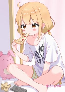 1girl bare_legs barefoot blonde_hair blush chips_(food) collarbone commentary_request controller food futaba_anzu highres holding holding_food holding_pizza idolmaster idolmaster_cinderella_girls indoors inusoku long_hair looking_ahead pizza potato_chips remote_control shirt short_shorts shorts single_bare_shoulder sitting solo striped_clothes striped_shorts stuffed_animal stuffed_rabbit stuffed_toy twintails twitter_username white_shirt