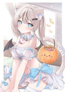 1girl animal_ear_fluff animal_ear_piercing animal_ears bandaged_leg bandages bandaid bandaid_hair_ornament bandaid_on_face bare_shoulders bat_(animal) bat_wings belt_collar black_wings blonde_hair blue_collar blue_eyes blush border breasts cat_ears cat_girl cat_tail cleavage collar commentary_request commission crop_top day detached_collar detached_sleeves earclip hair_ornament halloween halloween_bucket heart heart_necklace highres holding holding_with_tail indie_virtual_youtuber indoors jewelry kneeling kurage_cc legwear_garter long_hair looking_at_viewer mashirone_mimiy medium_breasts microskirt midriff multicolored_hair navel necklace outside_border panty_straps parted_lips prehensile_tail puffy_short_sleeves puffy_sleeves see-through_clothes see-through_sleeves short_sleeves skeb_commission skirt solo streaked_hair tail twintails virtual_youtuber white_border white_skirt window wings x_hair_ornament