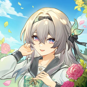 1girl absurdres black_sailor_collar bow falling_petals firefly_(honkai:_star_rail) firefly_(spring_missive)_(honkai:_star_rail) flower grey_hair hair_between_eyes hair_intakes hair_ornament highres honkai:_star_rail honkai_(series) long_hair long_sleeves looking_at_viewer nekochan233 open_mouth petals pink_eyes pink_flower pink_petals pink_rose plaid_bow rose sailor_collar school_uniform serafuku smile solo