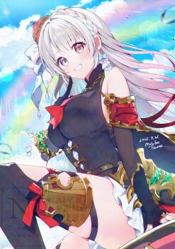 1girl artist_name bare_shoulders black_gloves black_shirt blue_sky bow bow_earrings braid breasts cloud cloudy_sky commentary_request commission crown_braid dated earrings elbow_gloves fingerless_gloves gloves gradient_hair grey_eyes hair_bow heterochromia highres index_finger_raised indie_virtual_youtuber jewelry large_breasts leg_armor long_hair looking_at_viewer mochiko_tsuru multicolored_hair necktie pink_eyes pink_hair rainbow red_necktie shirt signature sitting skeb_commission skirt sky sleeveless sleeveless_shirt smile solo teeth watermark white_bow white_hair white_skirt yumesaki_yun