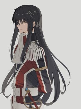 Rule 34 | 1boy, absurdres, ascot, belt, black hair, closed mouth, coat, commentary request, epaulettes, ernst (ys), george man, highres, light smile, long hair, looking ahead, male focus, rapier, solo, sword, very long hair, weapon, white ascot, yellow eyes, ys, ys vi: the ark of napishtim
