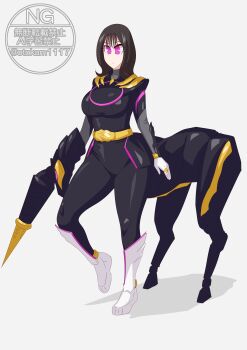 Rule 34 | 1girl, absurdres, bodysuit, boots, brown hair, centaur mode, highres, ichikawa sumino, no.1 sentai gozyuger, no headwear, otokamu, pink eyes, super sentai, weapon