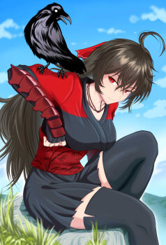 1girl absurdres ahoge arm_guards bandana bird black_gloves black_hair black_kimono black_skirt breasts commentary crow english_commentary fingerless_gloves gloves highres japanese_clothes jewelry kimono kumanosigenium1 large_breasts long_hair miniskirt multiple_necklaces necklace raven_branwen red_bandana red_eyes rwby sitting skirt smile thighhighs vambraces