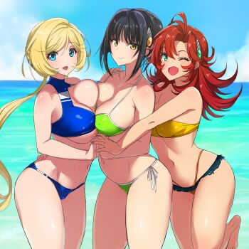 3girls ;d absurdres ahoge bare_shoulders beach bikini black_hair blonde_hair blue_bikini blue_eyes blue_sky blush breasts cloud day festenia_muse girl_sandwich halterneck highres katia_grineal large_breasts long_hair looking_at_viewer medium_breasts melua_melna_meia multiple_girls navel one_eye_closed open_mouth poin_(hidsuki) red_hair sandwiched shirakawa_(whitemist) sky smile super_robot_wars super_robot_wars_judgement super_robot_wars_og_moon_dwellers super_robot_wars_original_generation swimsuit take_your_pick twintails very_long_hair water yellow_bikini yellow_eyes