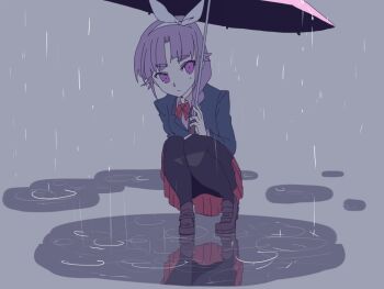 Rule 34 | 1girl, black pantyhose, blazer, blue jacket, bow, braid, breasts, brown shoes, closed mouth, collared shirt, commentary request, expressionless, hair bow, hair over shoulder, hairband, holding, holding umbrella, jacket, komugiko (bitte komu), loafers, looking at viewer, medium hair, original, pantyhose, parted bangs, pink eyes, pink shirt, pleated skirt, purple hair, rain, red bow, red skirt, school uniform, shirt, shoes, single braid, skirt, small breasts, solo, squatting, umbrella, white bow, white hairband