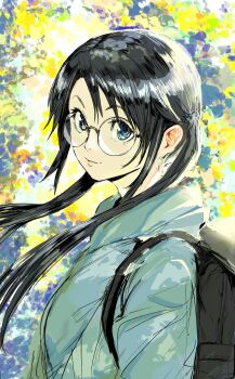 Rule 34 | 1girl, abstract background, asymmetrical bangs, backpack, bag, baka4akab, black bag, black hair, blue eyes, green hoodie, highres, hood, hoodie, idolmaster, idolmaster shiny colors, lips, long hair, mitsumine yuika, portrait, round eyewear, smile, solo, twintails