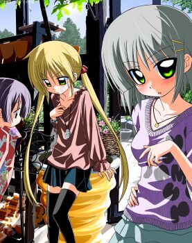 3girls absurdres aizawa_sakuya blonde_hair breasts collarbone dress green_eyes grey_hair hata_kenjirou hayate_no_gotoku! highres japanese_clothes jewelry kimono long_hair matching_hair/eyes medium_breasts multiple_girls necklace official_art outdoors purple_eyes purple_hair saginomiya_isumi sanzen&#039;in_nagi skirt thighhighs twintails zettai_ryouiki