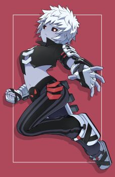 Rule 34 | 1girl, aotu world, black pants, black sclera, black shirt, breasts, clenched hand, closed mouth, colored sclera, colored skin, commentary request, cropped shirt, full body, genderswap, genderswap (mtf), grey skin, highres, looking at viewer, medium breasts, midriff, navel, pants, red background, red eyes, shirt, short hair, silver (aotu world), simple background, solo, user kkya5245, white hair