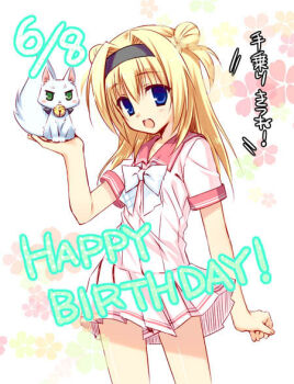 1girl :< :d animal arm_at_side bell black_hairband blonde_hair blue_eyes bow bowtie chitose_sana clenched_hand closed_mouth commentary_request cowboy_shot dated double_bun eyes_visible_through_hair floral_background fox frown green_eyes hair_between_eyes hair_bun hair_intakes hairband hand_up happy happy_birthday holding holding_animal jingle_bell light_blush long_hair looking_at_viewer miniskirt muririn neck_bell official_artist_extra open_mouth pink_serafuku pink_shirt pink_skirt pleated_skirt red_sailor_collar rindou_ruri sailor_collar school_uniform serafuku shirt short_sleeves simple_background skirt smile solo tenshinranman translation_request two_side_up white_background white_bow white_bowtie