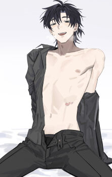 1boy antenna_hair bed_sheet black_eyes black_hair black_male_underwear black_pants black_shirt blush breath cheng_xiaoshi closed_eyes collarbone collared_shirt commentary_request fangs grey_background heart highres looking_at_viewer male_focus male_underwear navel nipples off_shoulder on_bed open_clothes open_fly open_mouth open_pants open_shirt pants pectorals ponytail samong scar scar_on_stomach shiguang_dailiren shirt short_hair short_ponytail simple_background sitting smile solo sweatdrop toned toned_male underwear white_background