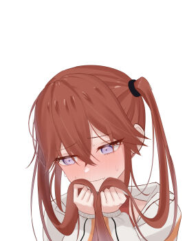 Rule 34 | 1girl, absurdres, blush, crossed bangs, embarrassed, furrowed brow, hair between eyes, hentai prison, highres, holding, holding own hair, jacket, kurebayashi noah, long hair, long sleeves, looking down, mokomoko system, purple eyes, red hair, sidelocks, simple background, solo, sweat, twintails, upper body, white background, white jacket