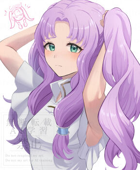 ! 2girls absurdres alternate_hairstyle armpits blush breasts closed_eyes closed_mouth commentary_request double_thumbs_up dress english_text fire_emblem fire_emblem:_the_blazing_blade fire_emblem:_three_houses fire_emblem_heroes florina_(fire_emblem) florina_(skyward_wings)_(fire_emblem) green_eyes highres hilda_valentine_goneril hilda_valentine_goneril_(skyward_wings) long_hair looking_at_viewer multiple_girls nintendo official_alternate_costume open_mouth purple_hair short_sleeves small_breasts smile solo_focus thumbs_up twintails tying_hair tyotto_ko_i upper_body white_dress