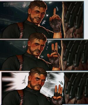 2boys bara black_gloves black_hair black_shirt blush call_of_duty call_of_duty:_modern_warfare_2 facial_hair fingerless_gloves ghost_(modern_warfare_2) gloves highres holster large_pectorals male_focus multiple_boys muscular muscular_male pectorals shirt short_hair shoulder_holster smile soap_(modern_warfare_2) twitter_username umikochannart yaoi