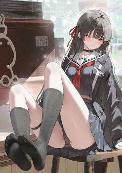 1girl artistic_error black_choker black_hair black_jacket black_panties black_shirt black_skirt black_socks blush breasts bright_pupils chinese_commentary chisa_(wuthering_waves) choker closed_mouth commentary_request crop_top cum hair_ribbon haku89 highres jacket long_hair long_sleeves looking_at_viewer medium_breasts mole mole_under_eye naughty_face neckerchief panties red_eyes red_neckerchief red_ribbon ribbon sailor_collar shirt sitting skirt smile socks solo thigh_strap thighs toes underwear unfinished white_pupils white_sailor_collar wuthering_waves