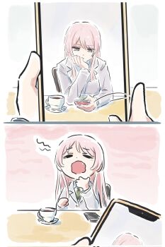 2girls bang_dream! bang_dream!_it&#039;s_mygo!!!!! brown_long-eared_bat_(kemono_friends) cellphone chihaya_anon closed_eyes commentary cup fang female_pov green_necktie grey_eyes grey_jacket haneoka_school_uniform head_rest highres holding holding_phone jacket long_hair lyy multiple_girls nagasaki_soyo necktie open_mouth phone pink_hair pov school_uniform smartphone symbol-only_commentary yawning