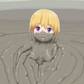 1girl 2023 blonde_hair breasts dirty highres looking_at_viewer medium_breasts mud muddy nipples nude open_mouth original purple_eyes short_hair taramin