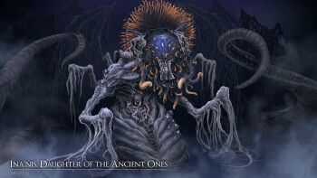 artist_name baloolax bloodborne cosplay crossover ebrietas_daughter_of_the_cosmos ebrietas_daughter_of_the_cosmos_(cosplay) english_text extra_eyes flower highres hololive hololive_english horror_(theme) monster multiple_wings ninomae_ina&#039;nis simple_background tentacle_hair tentacles virtual_youtuber wings