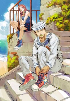 Rule 34 | 1boy, 1girl, beads, blue shoes, blue sky, chinese commentary, closed mouth, commentary request, denisefanta, dixie cup hat, green lips, hair beads, hair ornament, hat, higashikata josuke (jojolion), highres, hirose yasuho, jojo no kimyou na bouken, jojolion, military hat, outdoors, pants, pink hair, railing, red shoes, sailor, sailor collar, shirt, shoes, short hair, sitting, sitting on stairs, skirt, sky, stairs, tying footwear, white hat, white pants, white shirt