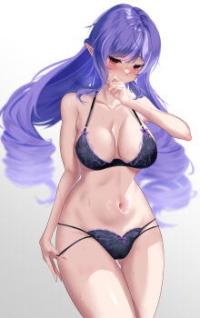 1girl ahoge alternate_costume bare_shoulders black_bra black_panties blurry blurry_background blush bra breasts collarbone commentary_request covering_own_mouth cowboy_shot drill_hair fingernails gluteal_fold grey_background hand_up highres kyo32181 long_hair looking_to_the_side medium_breasts mole mole_under_eye navel panties pointy_ears purple_hair red_eyes solo stomach sweat underwear vivian_banshee wet zenless_zone_zero