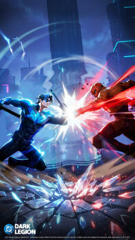 Rule 34 | batman (series), black bodysuit, black gloves, black hair, bodysuit, boots, dc: dark legion, dc comics, dick grayson, escrima sticks, full body, gloves, grey bodysuit, highres, jacket, jason todd, male focus, mask, multicolored bodysuit, muscular, muscular male, nightwing, official art, open clothes, pants, red hood (dc), red mask, short hair, superhero costume, taut bodysuit, two-tone bodysuit