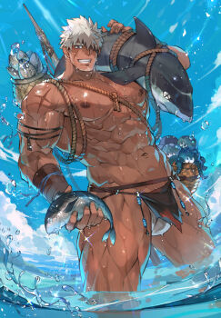 1boy abs armband bara biceps bodybuilder eyepatch facial_hair fish gauntlets highres large_pectorals loincloth looking_at_viewer manly muscular muscular_arms muscular_legs muscular_male navel nikism nipples no_pants ocean octopus original pectoral_cleavage pectorals pointy_hair polearm rope scar scar_on_arm scar_on_face shark smile spear sunlight thighs topless_female topless_male veins weapon wet