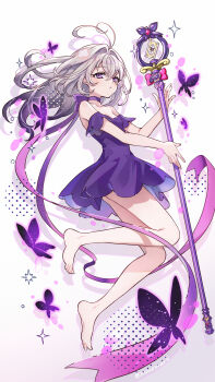 absurdres antenna_hair bare_shoulders barefoot black_choker black_dress blonde_hair bug butterfly choker commentary_request cure_arcana_shadow dress hair_intakes henshin highres holding holding_rod iku2727 insect long_hair looking_at_viewer meitantei_precure! midair moria_luluka precure purple_dress purple_eyes rod strapless strapless_dress tear_arcana_rod twitter_username
