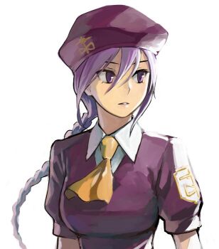 1girl alternate_breast_size_(larger) ascot b_suke beret braid braided_ponytail breasts commentary_request hair_between_eyes hat large_breasts long_hair melty_blood parted_lips purple_eyes purple_hair purple_hat sidelocks single_braid sion_eltnam_(type-moon) sion_eltnam_atlasia solo tsukihime yellow_ascot