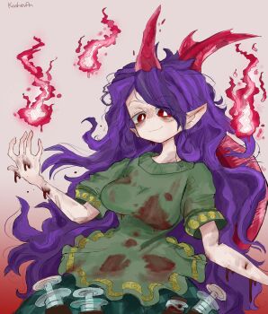 absurdres bags_under_eyes blood blood_on_clothes blood_on_hands breasts commentary english_commentary green_shirt green_skirt highres hitodama horns koshevan large_breasts long_hair pointy_ears purple_hair red_eyes red_horns shirt skirt square_print tenkajin_chiyari touhou