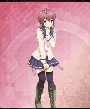 Rule 34 | 1girl, ahoge, between legs, black thighhighs, blazer, blue sailor collar, blue skirt, boots, breasts, buttons, closed mouth, double-parted bangs, floral background, foot out of frame, game cg, green boots, green eyes, hand between legs, hand up, jacket, layered sleeves, leaning forward, long sleeves, nagasaki sumi, necktie, official art, pink background, pink hair, renpu girls school uniform, sailor collar, school uniform, shirt, short hair, skirt, small breasts, solo, tassel, thighhighs, third-party source, toji no miko, toji no miko: kizamishi issen no tomoshibi, white jacket, white shirt, yellow necktie, zettai ryouiki