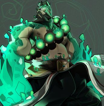 1boy arm_guards aura bandaged_wrist bandages bara beads beard body_markings broad_shoulders chest_tuft chris_sdd claws connected_beard cropped_legs facial_hair from_side full_beard glowing glowing_eyes glowing_fist gradient_background green_aura hair_up hakama highres japanese_clothes league_of_legends male_focus medium_hair muscular muscular_male mustache navel open_mouth pants prayer_beads rope_belt signature solo spirit_guard_udyr strongman_waist topless_male turtle_skin udyr veins