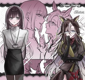 2girls absurdres animal_ears arms_behind_back black_gloves black_pantyhose black_skirt blonde_streaks blue_eyes breast_pocket brown_hair character_name collared_shirt commentary_request dream_journey_(reminder_of_dreamland)_(umamusume) dream_journey_(umamusume) dress_shirt female_trainer_(umamusume) frown glasses gloves grey_eyes hand_on_another's_chin highres horse_ears horse_girl lanyard long_hair miniskirt multicolored_hair multiple_girls multiple_views opeyu pantyhose partially_colored pencil_skirt pocket profile shirt skirt sleeves_past_wrists sparkle streaked_hair trainer_(umamusume) umamusume white_shirt white_streaks yuri