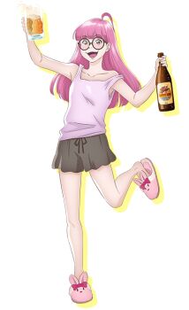1girl :d ahoge alcohol animal_slippers anime_coloring arm_up astro_note beer black-framed_eyewear black_shorts blunt_bangs blush bottle breasts collarbone cup drunk full_body glasses hand_up holding holding_bottle holding_cup kubonouchi_eisaku leg_up long_hair looking_at_viewer matsubara_teruko official_art open_mouth pink_eyes pink_hair pink_slippers pink_tank_top round_eyewear sake shorts simple_background slippers small_breasts smile solo standing standing_on_one_leg tachi-e tank_top transparent_background