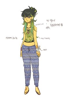 1girl absurdres arrow_(symbol) barefoot_sandals_(jewelry) black_hair blue_eyes blue_pants braid character_age collarbone earrings full_body green_hair green_tank_top hair_behind_ear henna highres jewelry jui_(dirtybigrat) korean_commentary korean_text long_hair looking_at_viewer midriff multicolored_hair original pants peace_symbol side_braid simple_background sketch smile solo streaked_hair tank_top unmoving_pattern white_background