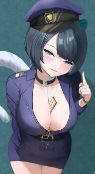 1girl animal_ears belt between_breasts black_belt black_hair blue_eyes blue_hair blue_nails body_markings breasts candy chocolate chocolate_bar cleavage colored_inner_hair erina_makina fienly food hat highres large_breasts multicolored_hair parted_lips pencil_skirt phase_connect police police_uniform policewoman skirt solo tail tiger_ears tiger_girl tiger_tail virtual_youtuber