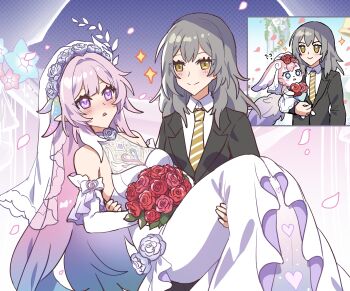 2girls ? ?? absurdres adapted_costume alternate_costume animal_ears bare_shoulders black_jacket blue_eyes blue_hair blush blush_stickers bouquet bow breasts bridal_veil bride carrying closed_mouth collared_shirt confused creature curtains cyrene_(honkai:_star_rail) cyrene_(ripples_of_past_reverie)_(honkai:_star_rail) dress elbow_gloves flower formal_clothes gloves gradient_background gradient_hair grey_hair hair_between_eyes hair_ornament hair_ribbon hands_up head_wreath heart heart_print highres holding holding_bouquet honkai:_star_rail honkai_(series) jacket lapels leaf leaf_hair_ornament long_hair long_sleeves looking_at_another medium_breasts mem_(honkai:_star_rail) multicolored_hair multiple_girls multiple_views necktie official_alternate_hairstyle open_mouth petals pink_background pink_fur pink_hair pink_pupils pointy_ears polka_dot polka_dot_background princess_carry purple_background purple_eyes red_flower red_rose ribbon rose sakana_(fishchunk) see-through_clothes shirt sidelocks smile sparkle star-shaped_pupils star_(symbol) stelle_(honkai:_star_rail) streaked_hair striped_necktie symbol-shaped_pupils trailblazer_(honkai:_star_rail) two-tone_background veil wedding_dress white_bow white_dress white_flower white_gloves white_hair white_ribbon white_rose white_shirt white_veil wife_and_wife yellow_eyes yellow_necktie yuri