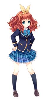 1girl blue_bow blue_jacket bow button character_name closed_mouth curly_hair girlfriend_(kari) green_eyes hair_bow hair_over_shoulder hands_on_own_hips jacket looking_at_viewer medium_hair official_art plaid_clothes plaid_skirt qp:flapper red_hair ribbon saeki_marika school_uniform shirt skirt smile standing stuffed_toy tagme transparent_background white_shirt yellow_ribbon