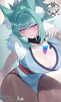 Rule 34 | 1girl, animal ear fluff, animal ears, between breasts, bilingual commentary, blue dress, bottle between breasts, breasts, brown pantyhose, cleavage, commentary, commission, cowboy shot, dress, english commentary, fur shawl, glass bottle, green hair, hair between eyes, hair intakes, highres, large breasts, looking at viewer, matsumoto tomoyohi, medium hair, mixed-language commentary, original, pantyhose, parted lips, pelvic curtain, pink eyes, potion, seductive smile, shawl, sidelocks, skeb commission, smile, solo, thick thighs, thighs, white shawl