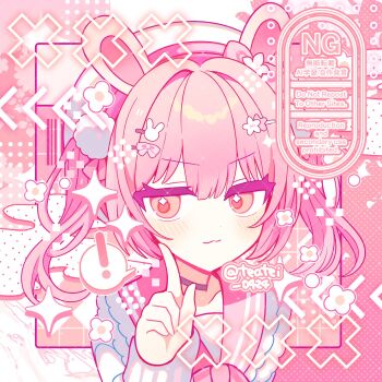 ! 1girl :3 animal_ears blush bow bowtie closed_mouth commentary commission dot_nose hair_between_eyes hair_intakes hand_up hat highres index_fingers_raised indie_virtual_youtuber kohanai_momomi long_sleeves looking_at_viewer medium_hair pink_bow pink_bowtie pink_eyes pink_hair pink_sailor_collar portrait rabbit_ears sailor_collar shirocha_tei shirt skeb_commission sleeves_past_wrists solo spoken_exclamation_mark twitter_username two_side_up watermark white_hat white_shirt