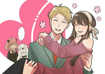 1boy 2girls ^_^ ahoge alex_(sandora) antenna_hair anya_(spy_x_family) arms_around_neck bare_shoulders black_hair black_pantyhose blonde_hair bond_(spy_x_family) breasts carrying closed_eyes commentary_request couple dress earrings eden_academy_school_uniform gold_earrings green_jacket hairband hairpods happy_aura heart heart_background hetero highres hug husband_and_wife jacket jewelry large_breasts long_sidelocks multiple_girls necktie off-shoulder_sweater off_shoulder open_mouth pantyhose pink_hair princess_carry puff_of_air red_necktie red_sweater school_uniform short_hair short_hair_with_long_locks sidelocks smile spy_x_family sweater sweater_dress teeth twilight_(spy_x_family) upper_body upper_teeth_only very_short_hair white_background white_hairband yor_briar