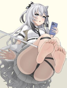 1girl against_glass ass ass_press feet foot_focus glass_table grey_eyes grey_hair hololive panties phone sitting sitting_on_table soles table tamagotozi3420 thigh_strap underwear upskirt vestia_zeta virtual_youtuber