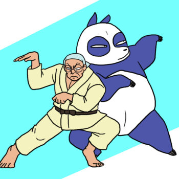 1boy animal bald bandana barefoot closed_mouth dougi dual_persona glasses karate_gi panda ranma_1/2 saotome_genma saotome_genma_(panda) wanta_(futoshi)