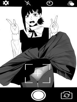 1girl chainsaw_man clothes_lift commentary double_v dress fake_phone_screenshot fake_screenshot hair_ornament hairclip higashiyama_kobeni highres nanami_toga open_mouth panties panties_under_pantyhose pantyhose pinafore_dress ponytail shirt short_ponytail single_sidelock skirt skirt_lift sleeveless sleeveless_dress solo sweat taking_picture underwear v wind wind_lift